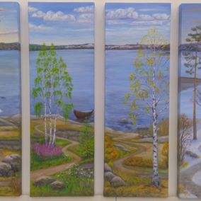 Lasner Sirkka Vuodenkierto Tuusulanjärven maisemissa, 4-osainen öljymaalaus, 90 x 120 cm 3100 € tai 150 e/kk